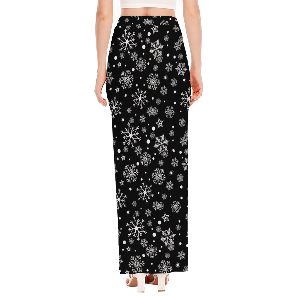 Black And White Snowflake Pattern Print High Slit Maxi Skirt