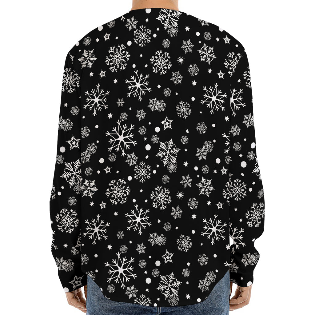 Black And White Snowflake Pattern Print Long Sleeve Baseball Jersey