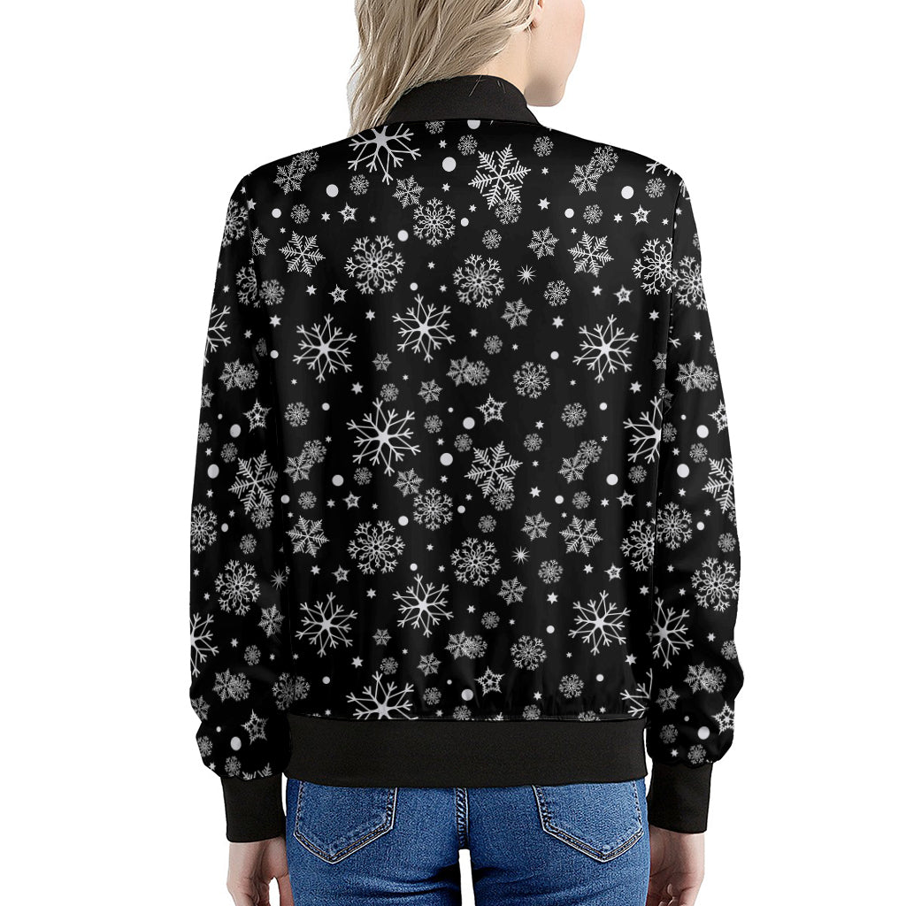 Black And White Snowflake Pattern Print Women's Bomber Jacket