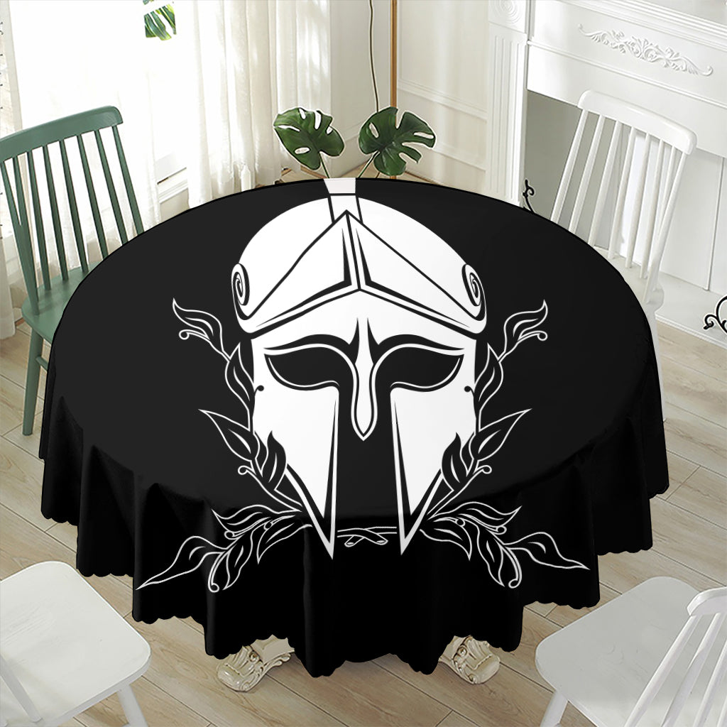 Black And White Spartan Helmet Print Waterproof Round Tablecloth