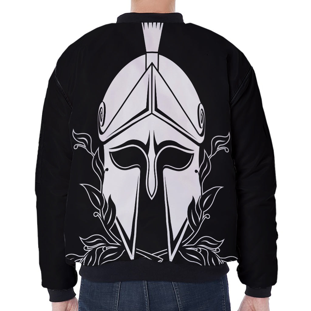 Black And White Spartan Helmet Print Zip Sleeve Bomber Jacket