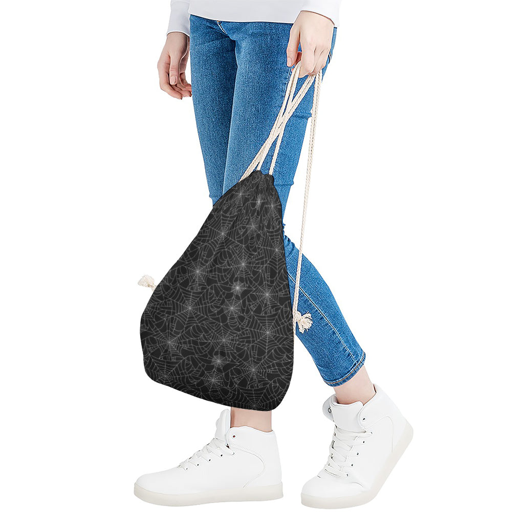 Black And White Spider Web Pattern Print Drawstring Bag