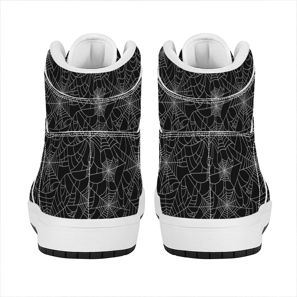 Black And White Spider Web Pattern Print High Top Leather Sneakers