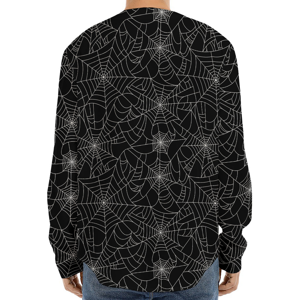 Black And White Spider Web Pattern Print Long Sleeve Baseball Jersey