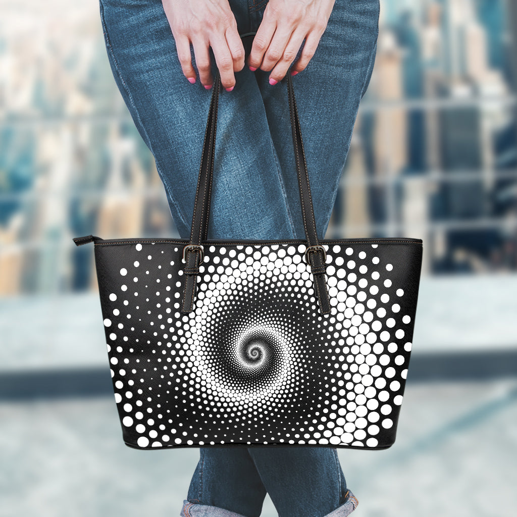 Black And White Spiral Dot Print Leather Tote Bag