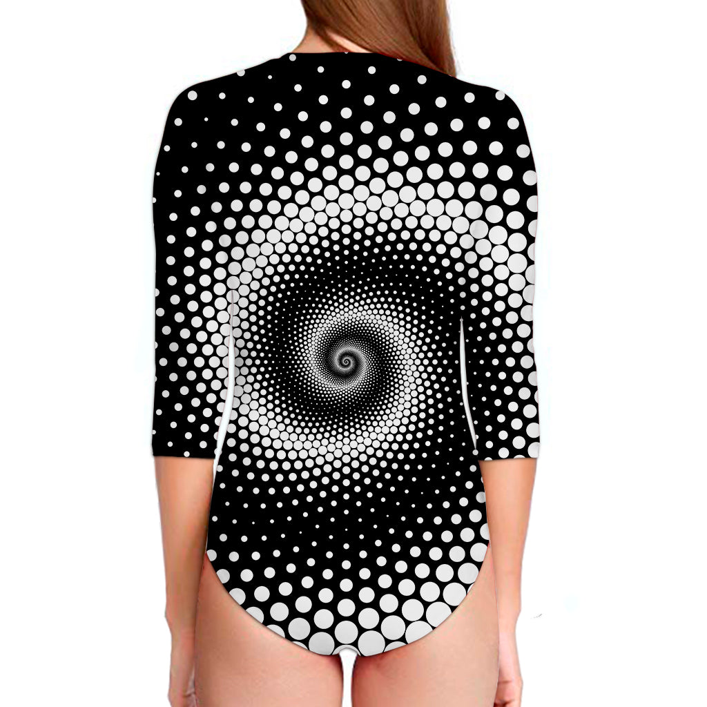 Black And White Spiral Dot Print Long Sleeve Swimsuit