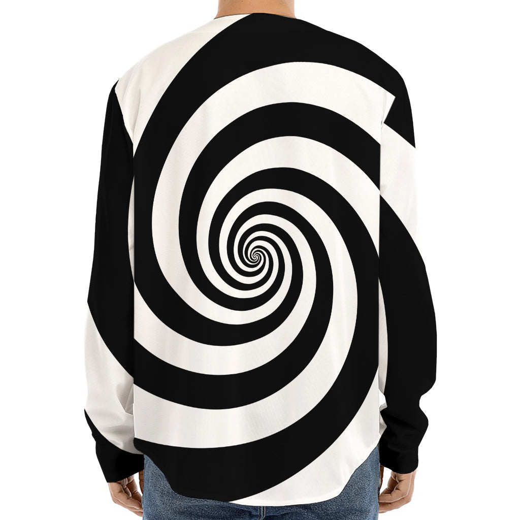 Black And White Spiral Illusion Print Long Sleeve Baseball Jersey