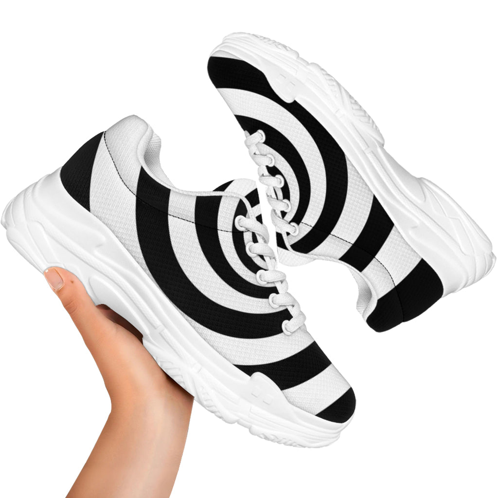 Black And White Spiral Illusion Print White Chunky Shoes