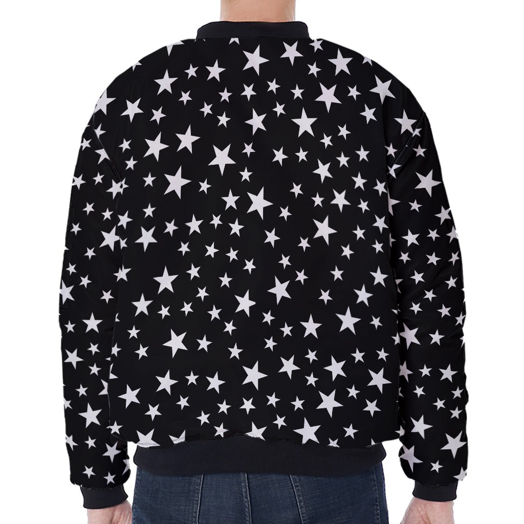 Black And White Star Pattern Print Zip Sleeve Bomber Jacket
