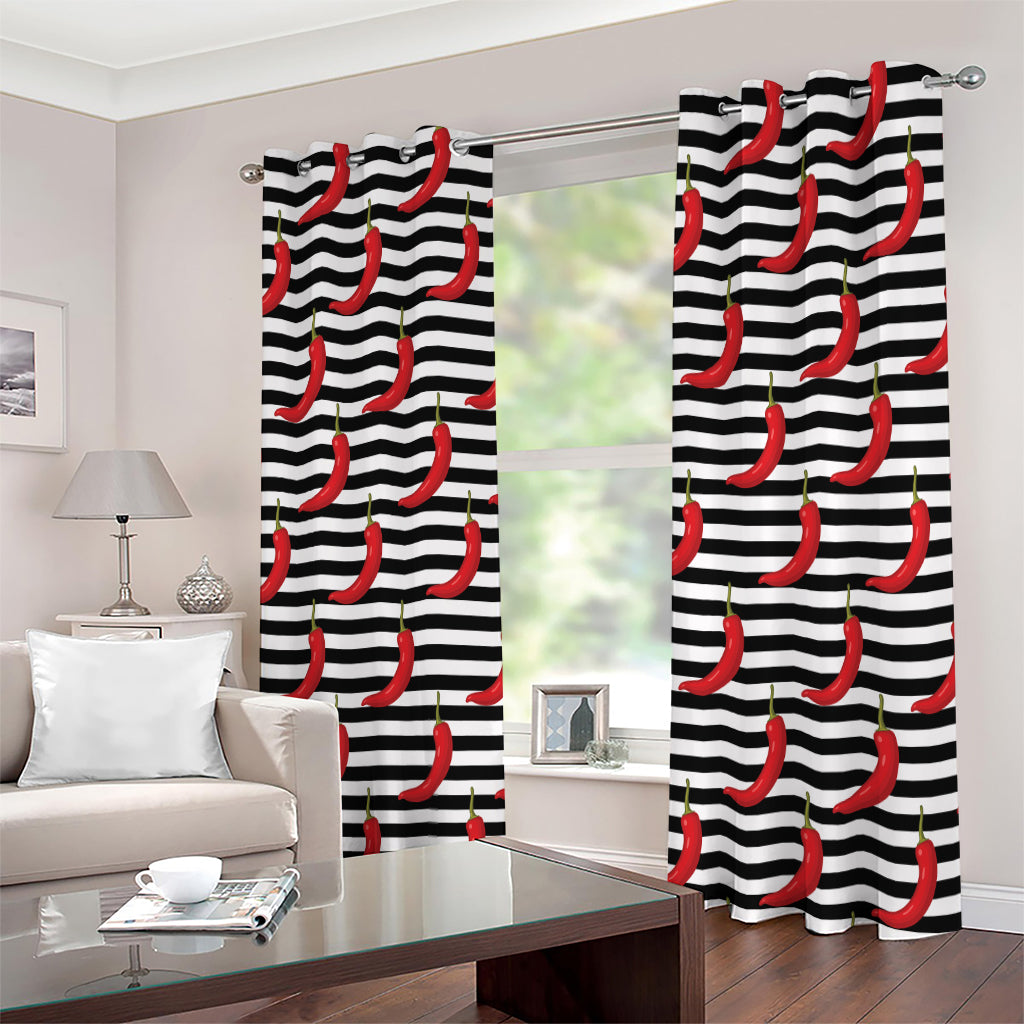 Black And White Striped Chili Print Extra Wide Grommet Curtains