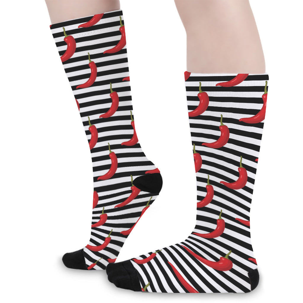 Black And White Striped Chili Print Long Socks