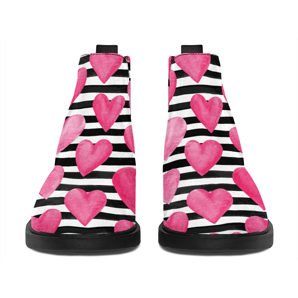 Black And White Striped Heart Print Flat Ankle Boots