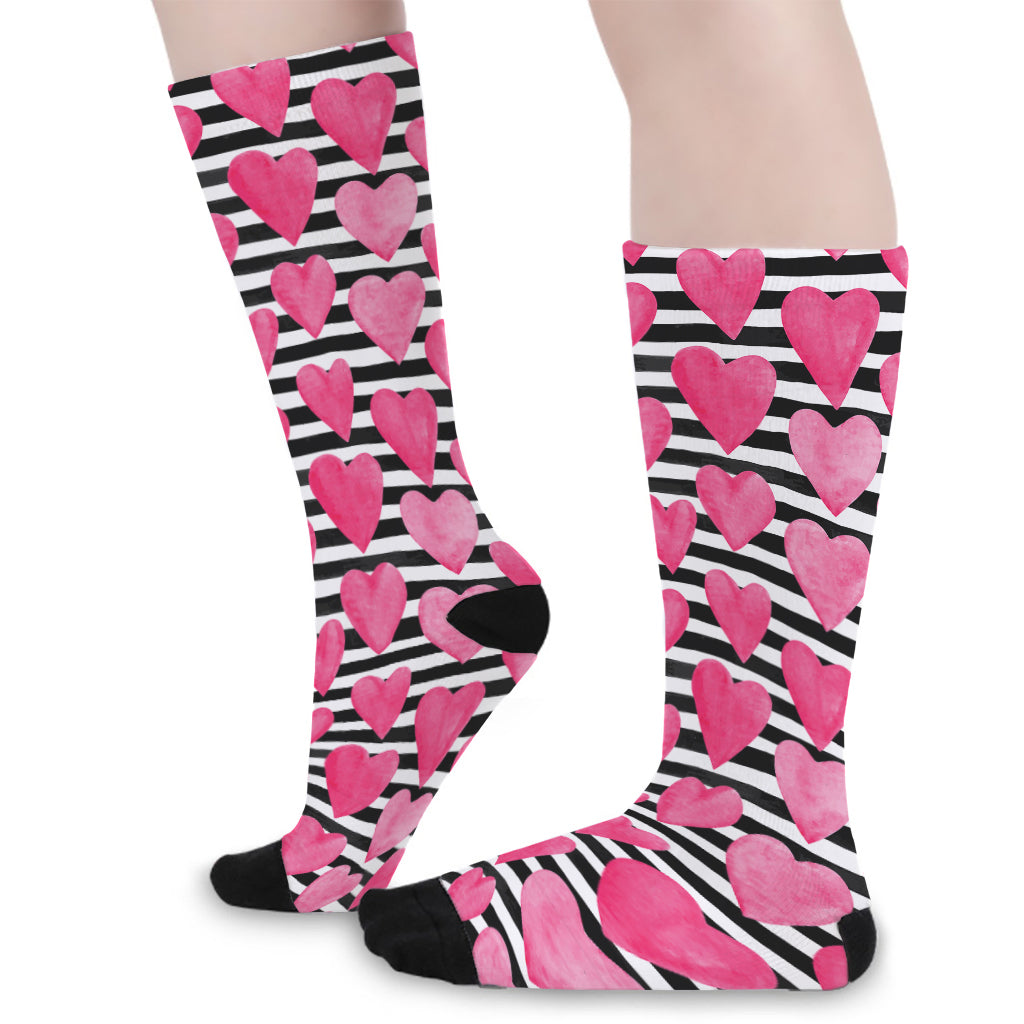 Black And White Striped Heart Print Long Socks