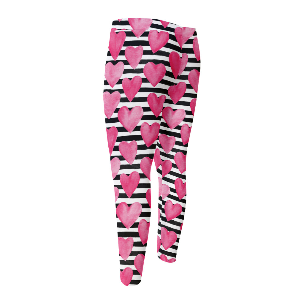 Black And White Striped Heart Print Men's Compression Pants