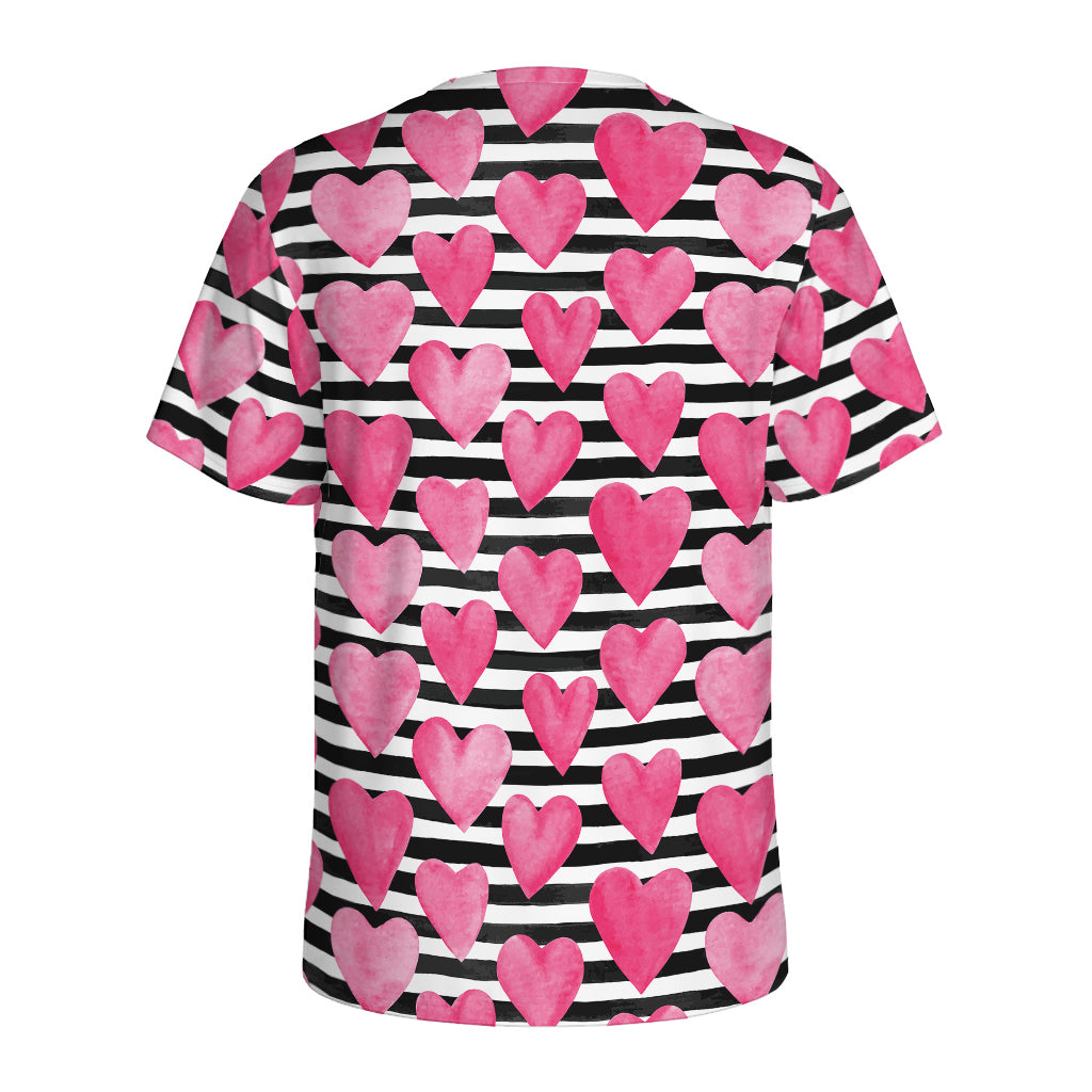Black And White Striped Heart Print Men's Sports T-Shirt