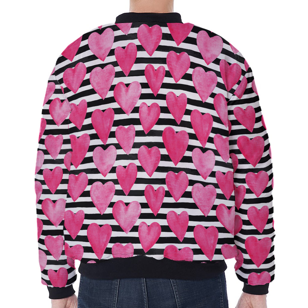 Black And White Striped Heart Print Zip Sleeve Bomber Jacket