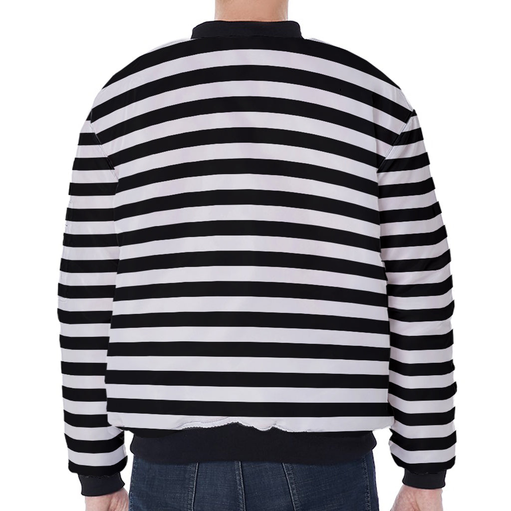 Black And White Striped Pattern Print Zip Sleeve Bomber Jacket