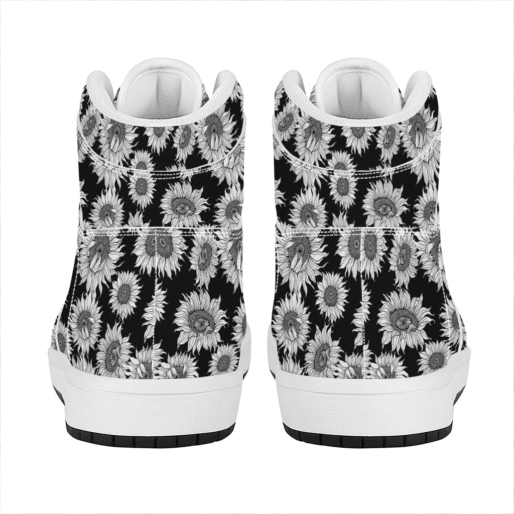 Black And White Sunflower Pattern Print High Top Leather Sneakers