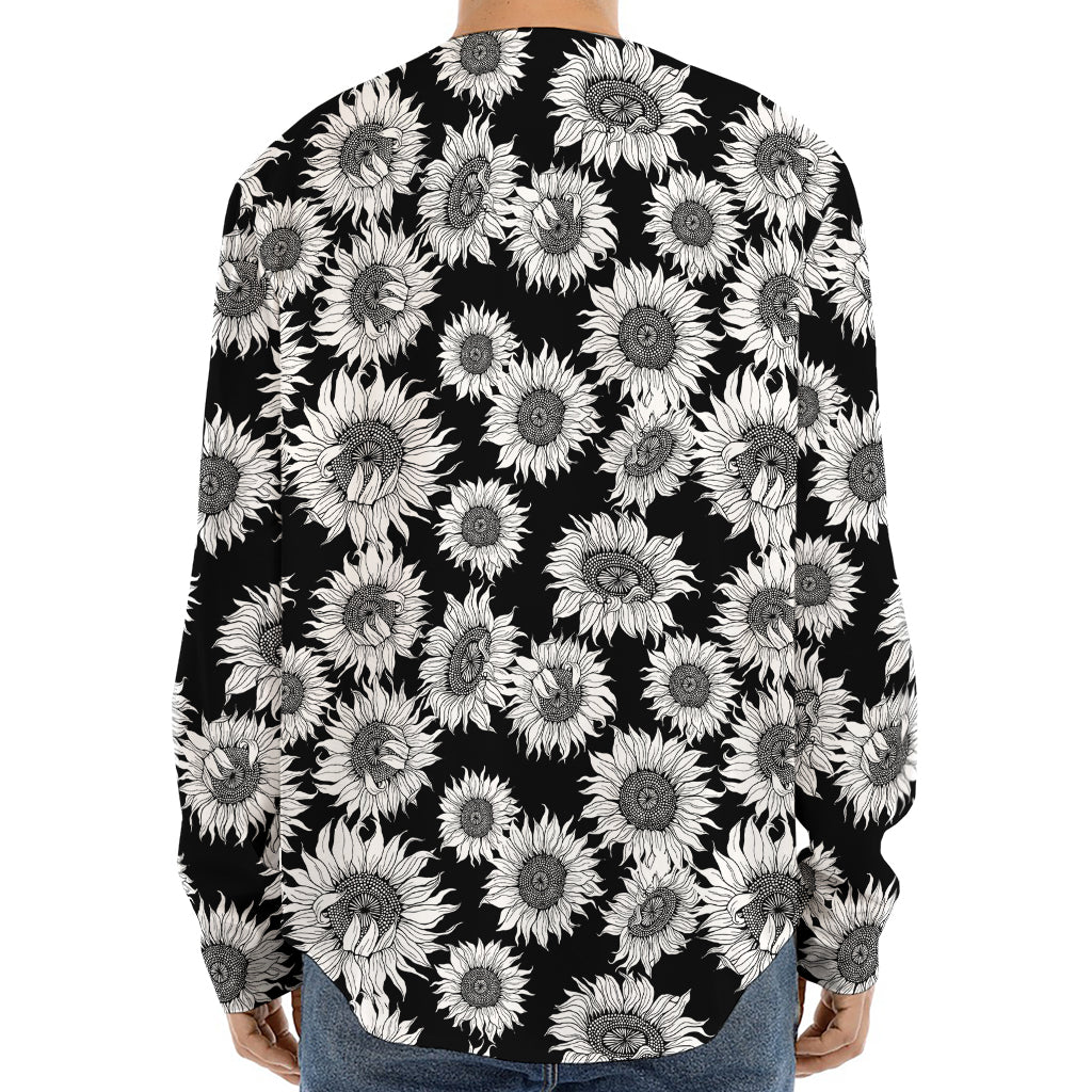 Black And White Sunflower Pattern Print Long Sleeve Baseball Jersey