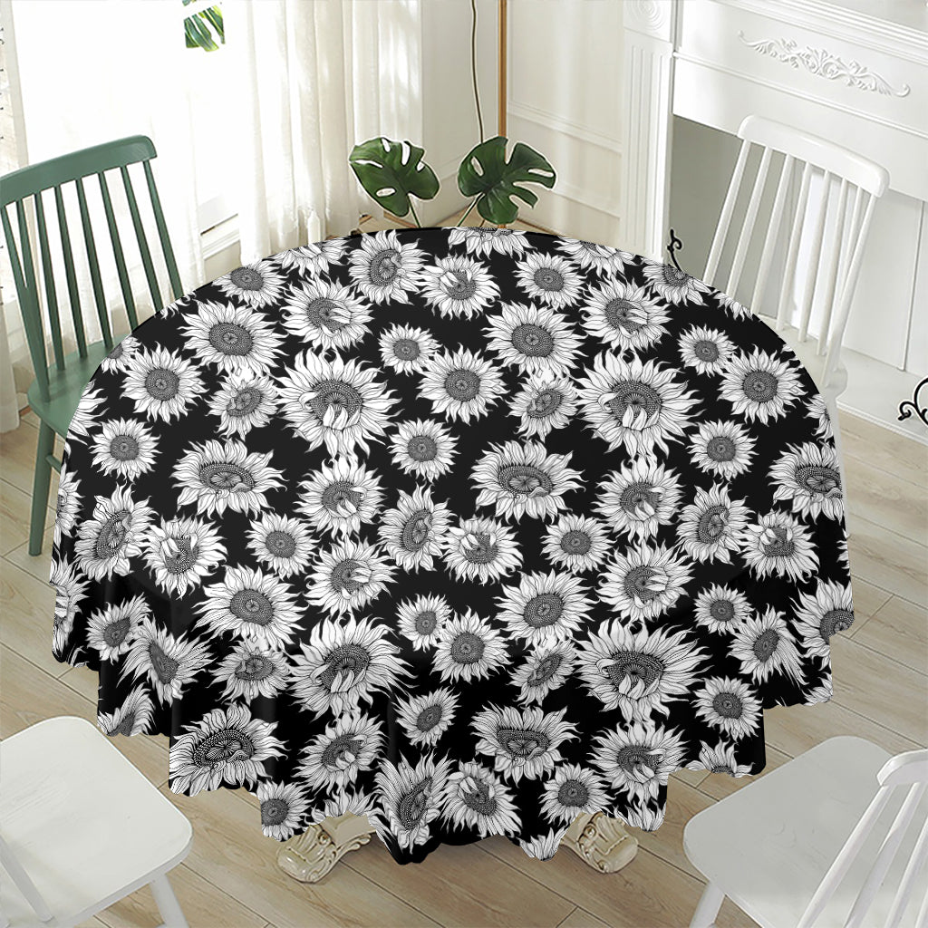 Black And White Sunflower Pattern Print Waterproof Round Tablecloth