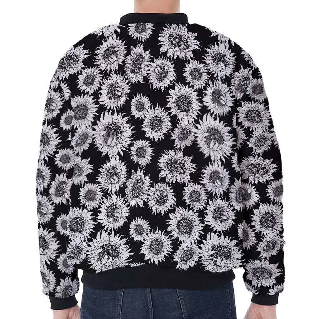 Black And White Sunflower Pattern Print Zip Sleeve Bomber Jacket