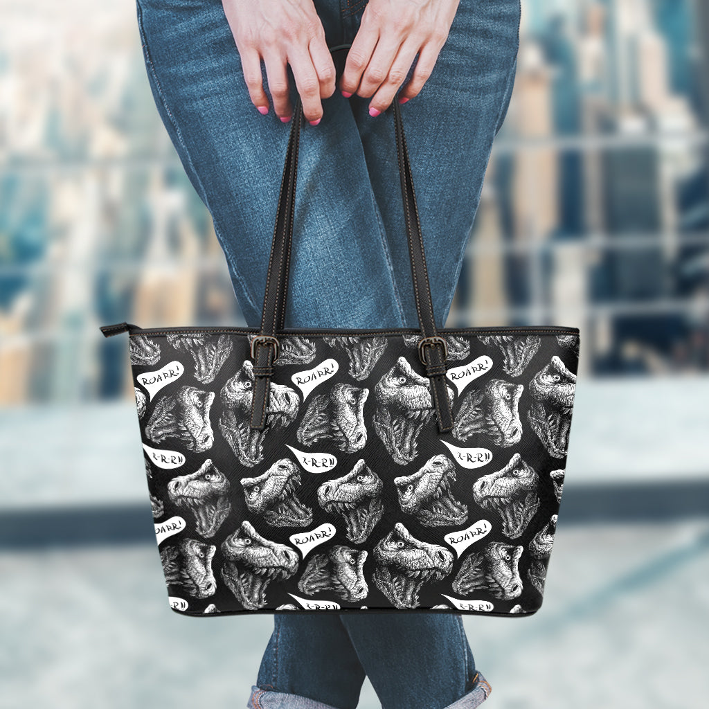Black And White T-Rex Dinosaur Print Leather Tote Bag