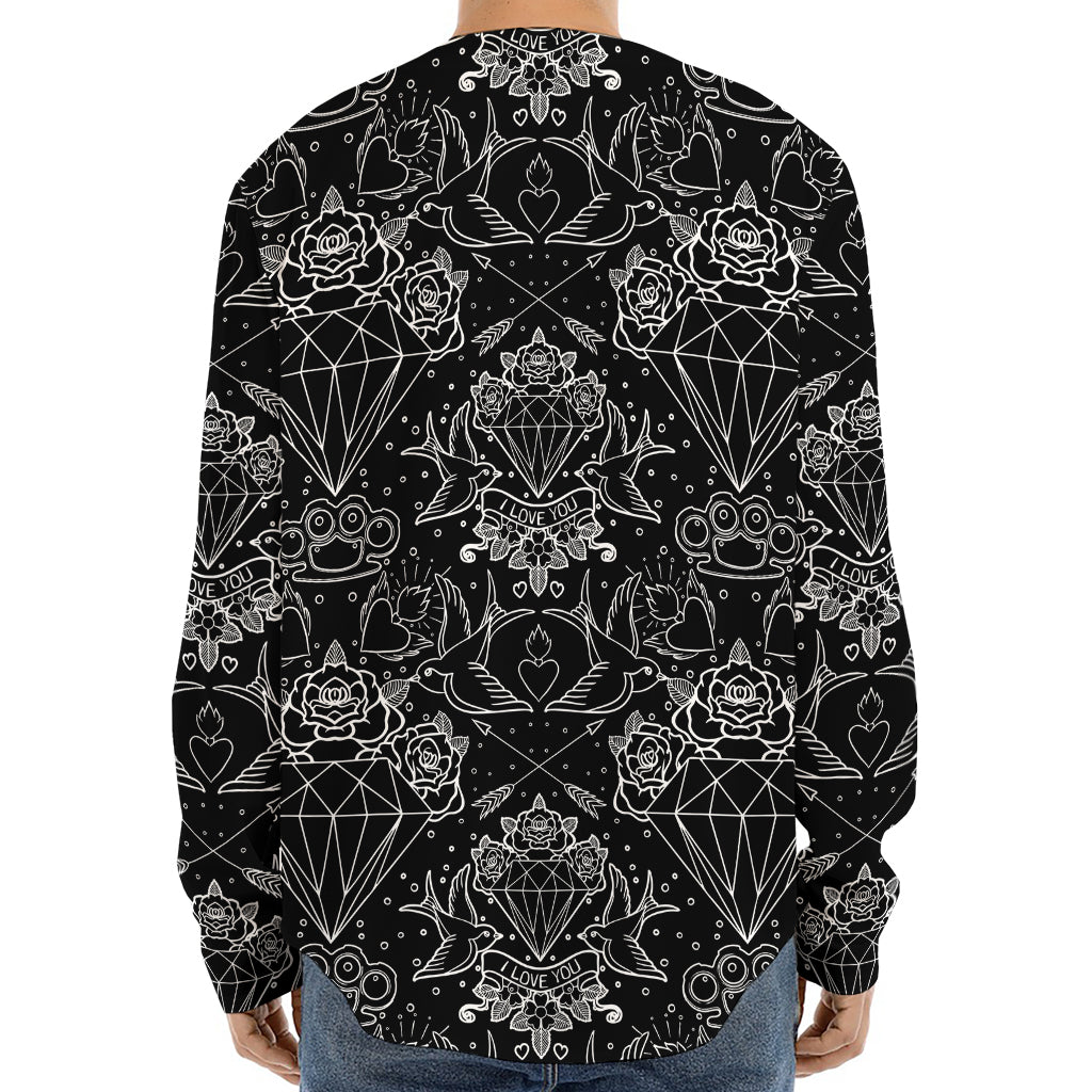 Black And White Tattoo Print Long Sleeve Baseball Jersey