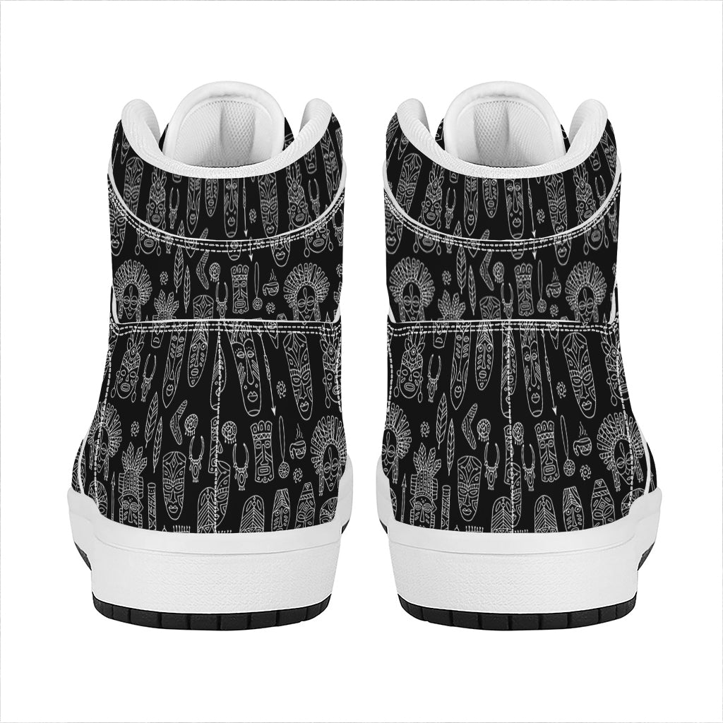 Black And White Totem Pattern Print High Top Leather Sneakers