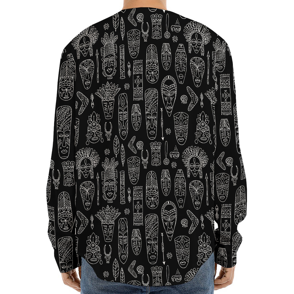 Black And White Totem Pattern Print Long Sleeve Baseball Jersey