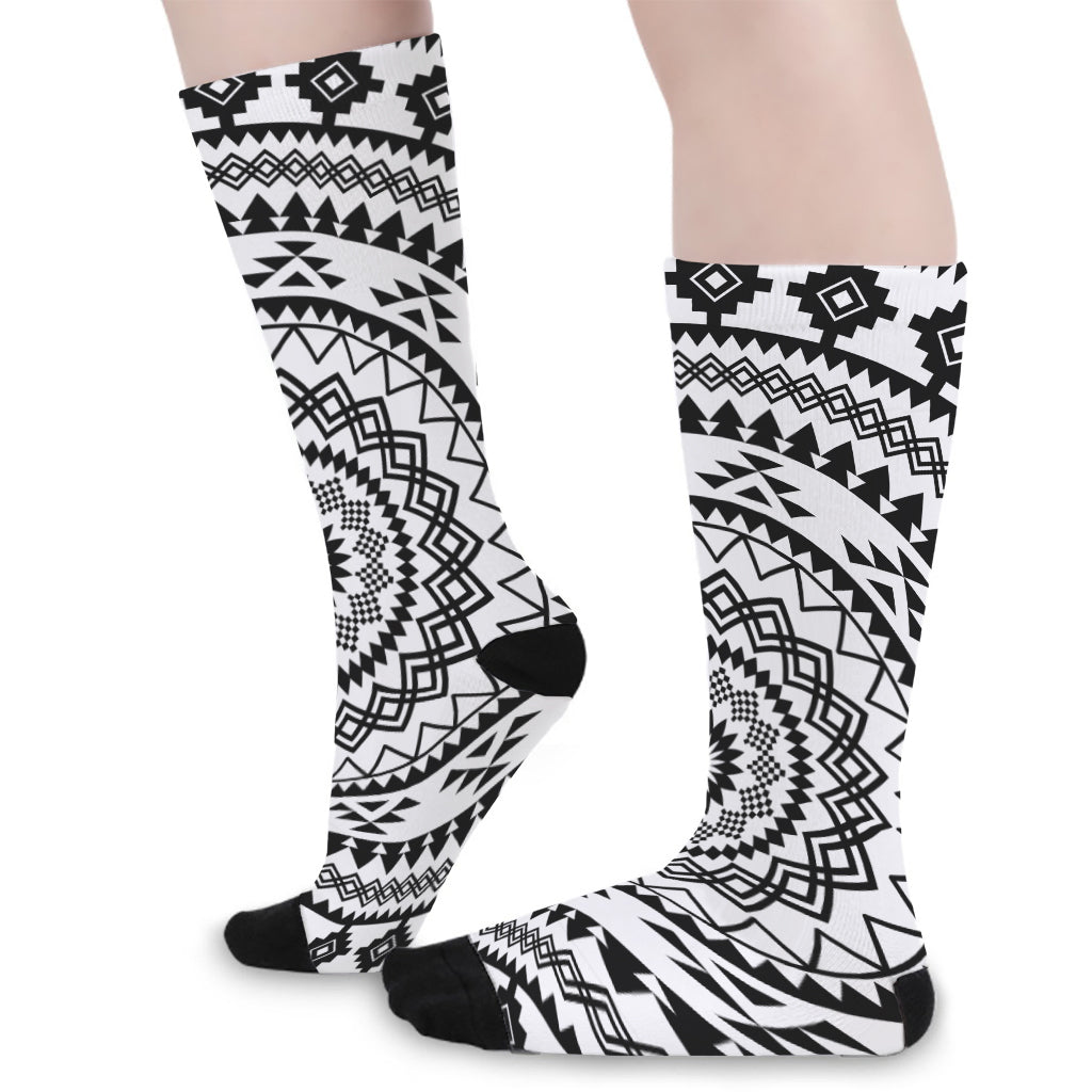 Black And White Tribal Mandala Print Long Socks
