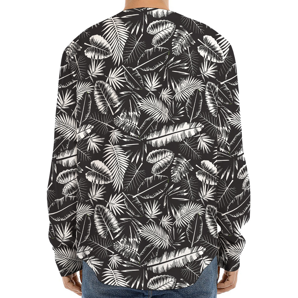 Black And White Tropical Palm Leaf Print Long Sleeve Baseball Jersey