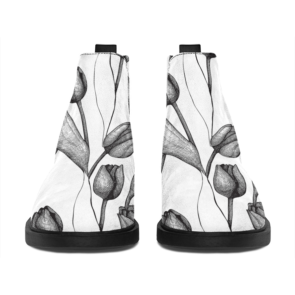 Black And White Tulip Pattern Print Flat Ankle Boots
