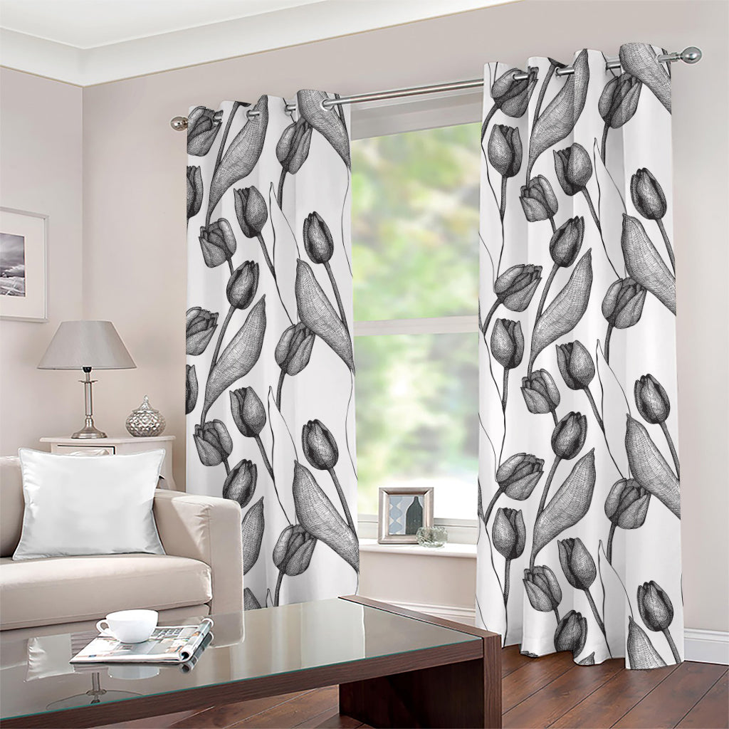 Black And White Tulip Pattern Print Grommet Curtains