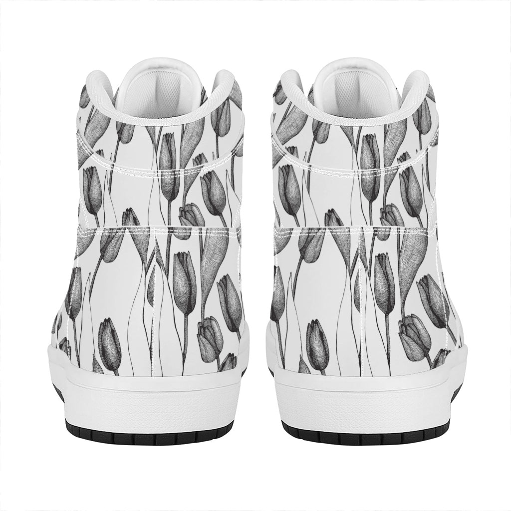 Black And White Tulip Pattern Print High Top Leather Sneakers