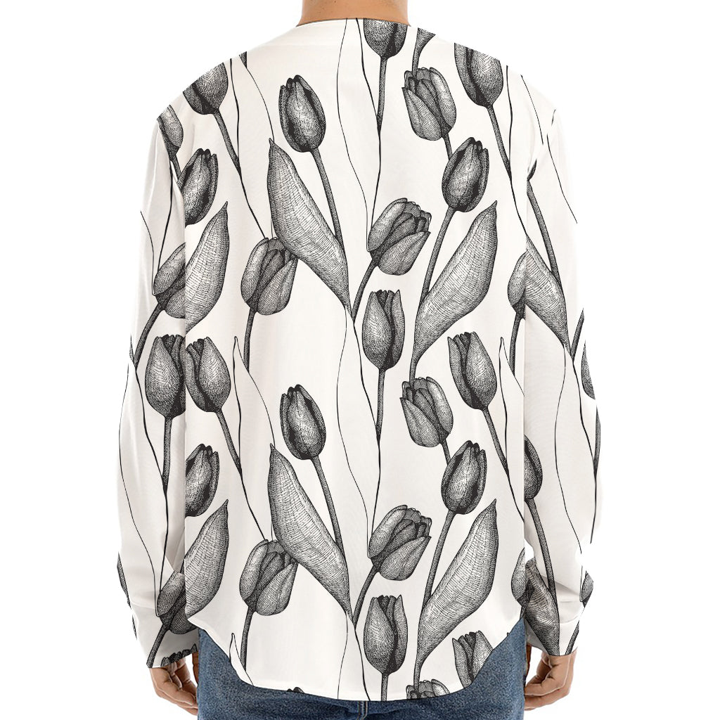 Black And White Tulip Pattern Print Long Sleeve Baseball Jersey