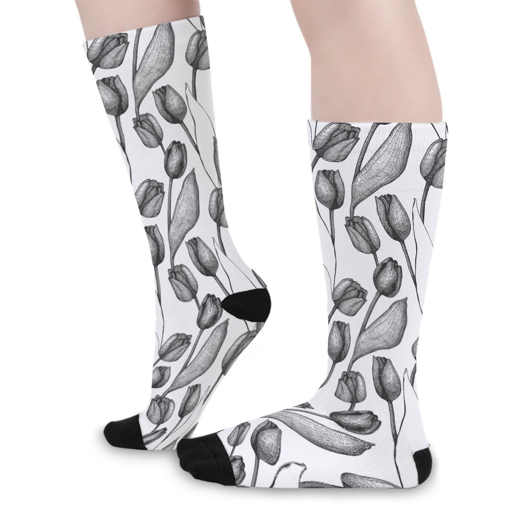 Black And White Tulip Pattern Print Long Socks