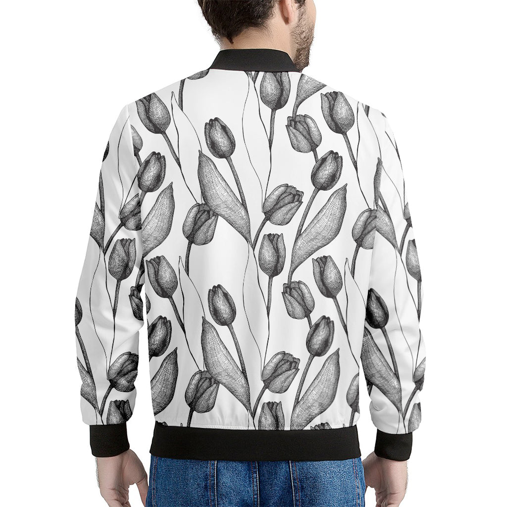 Black And White Tulip Pattern Print Men's Bomber Jacket