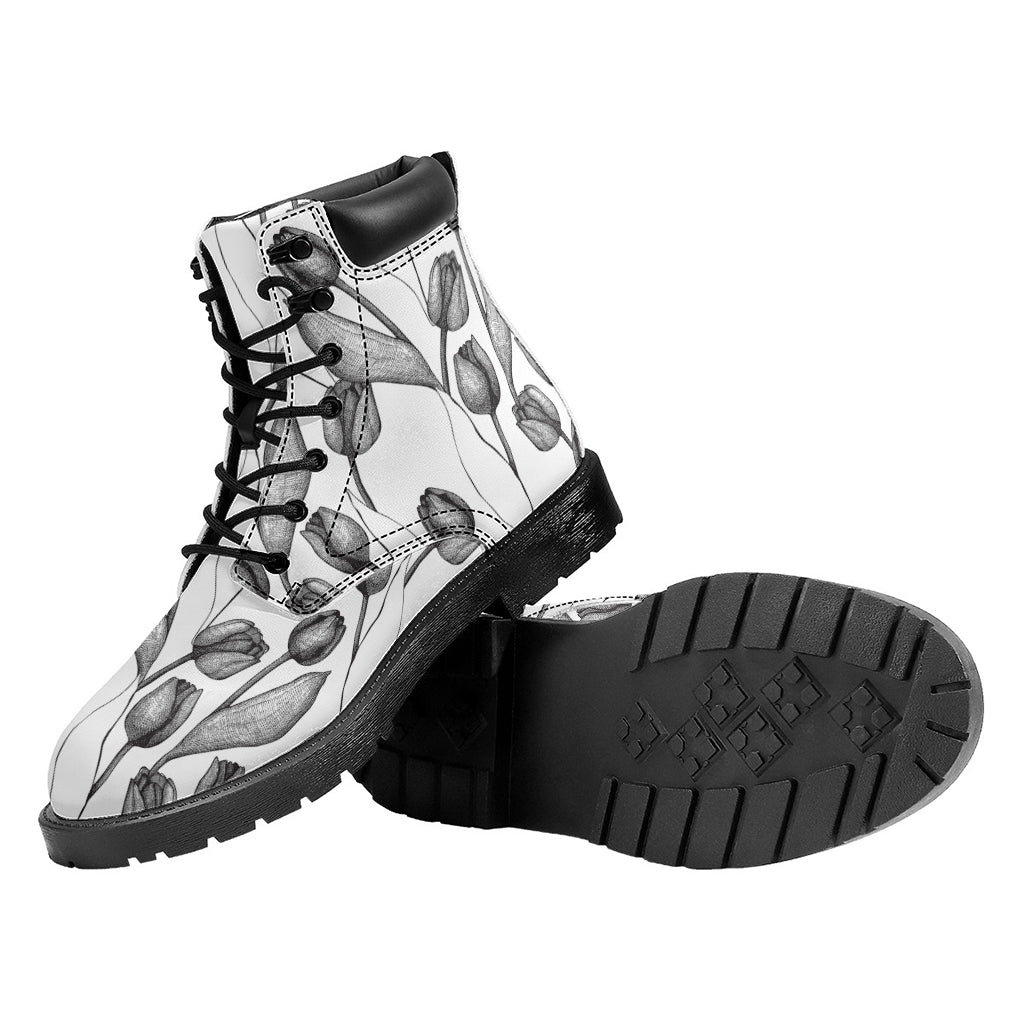 Black And White Tulip Pattern Print Work Boots