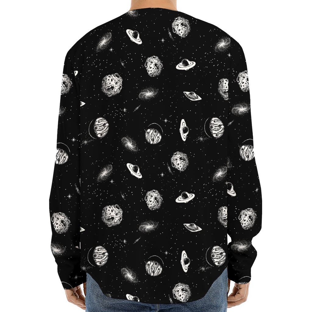 Black And White UFO Pattern Print Long Sleeve Baseball Jersey