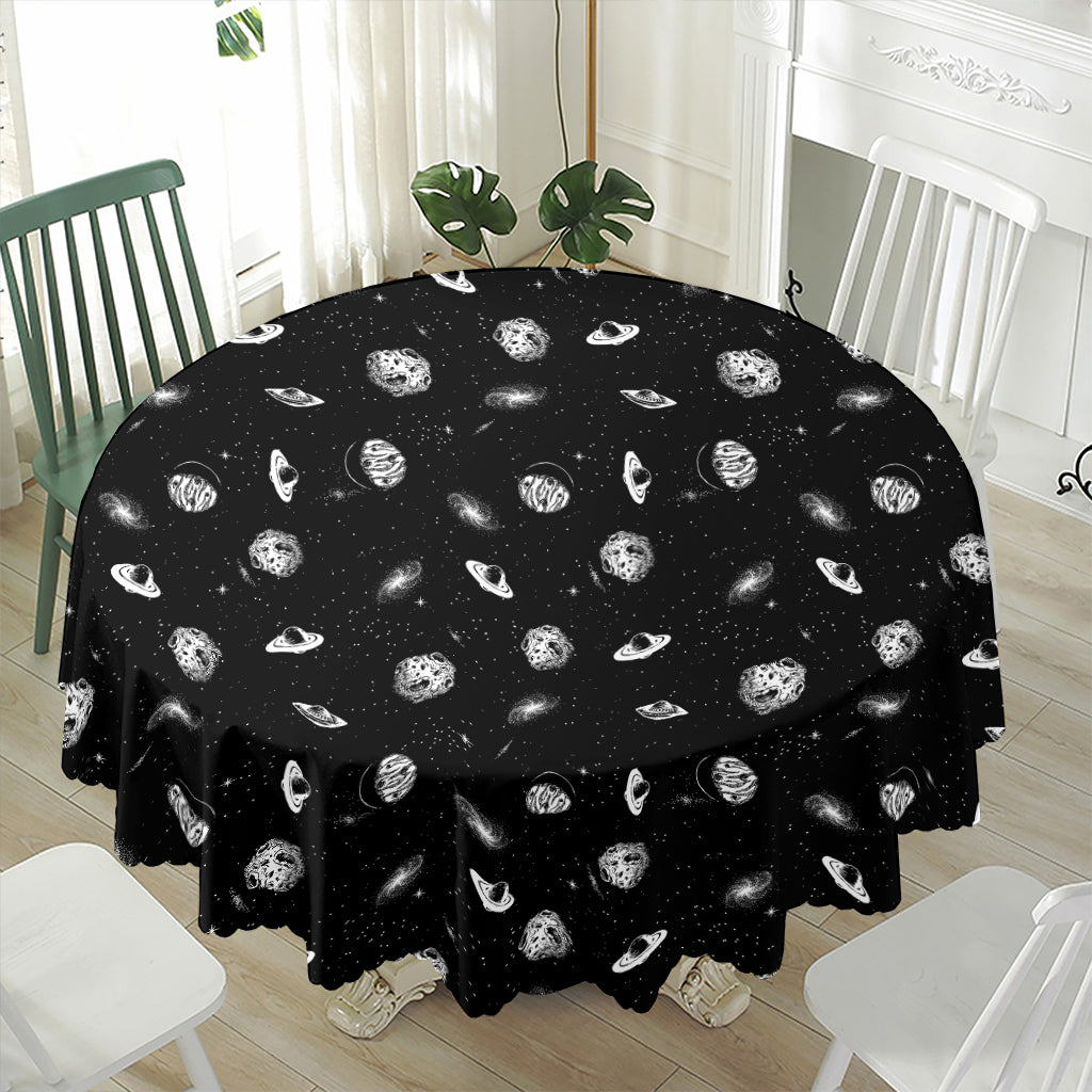 Black And White UFO Pattern Print Waterproof Round Tablecloth
