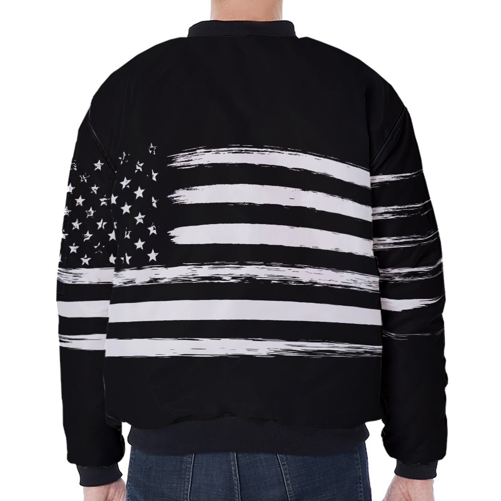 Black And White USA Flag Print Zip Sleeve Bomber Jacket