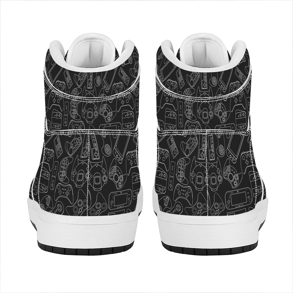 Black And White Video Game Pattern Print High Top Leather Sneakers