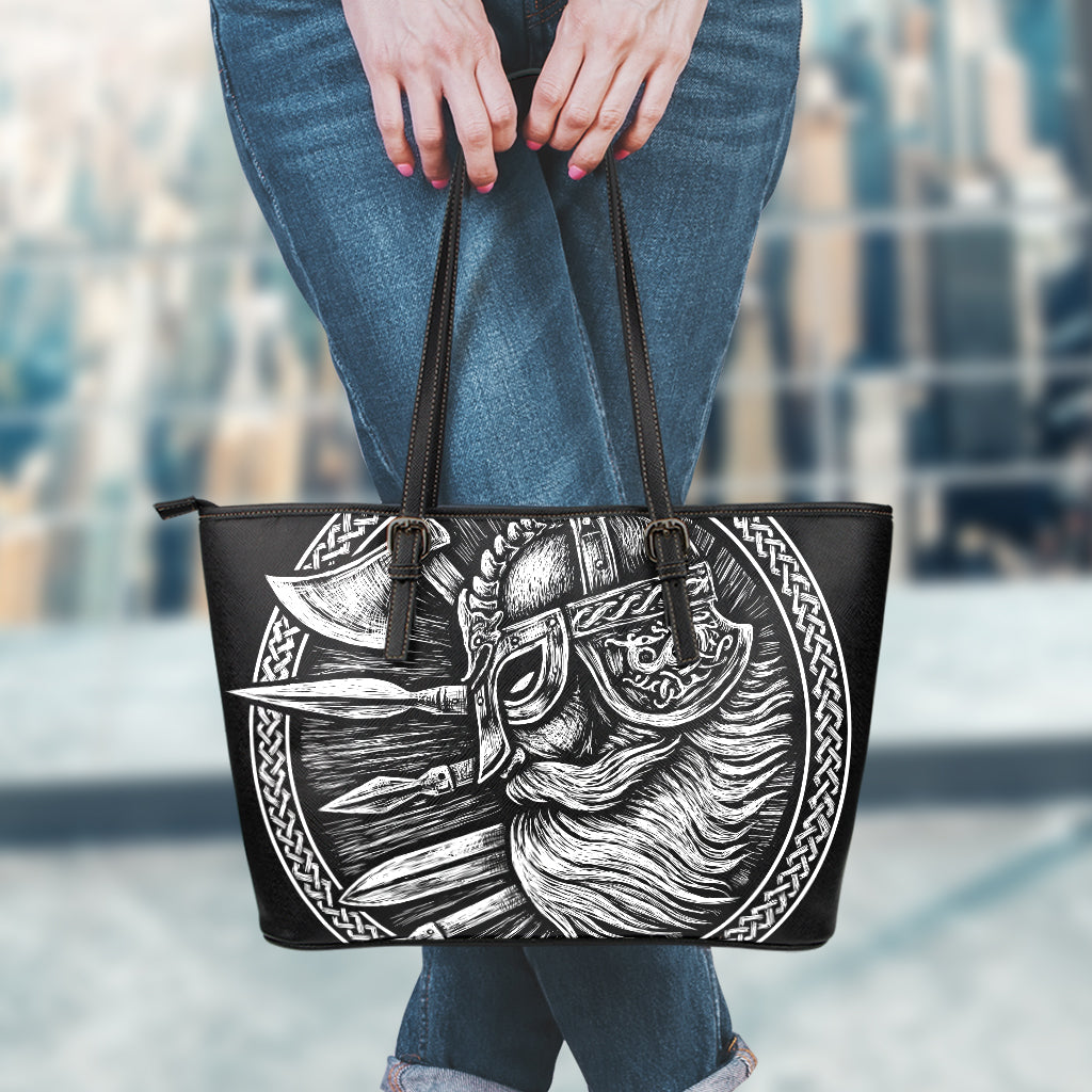 Black And White Viking God Odin Print Leather Tote Bag
