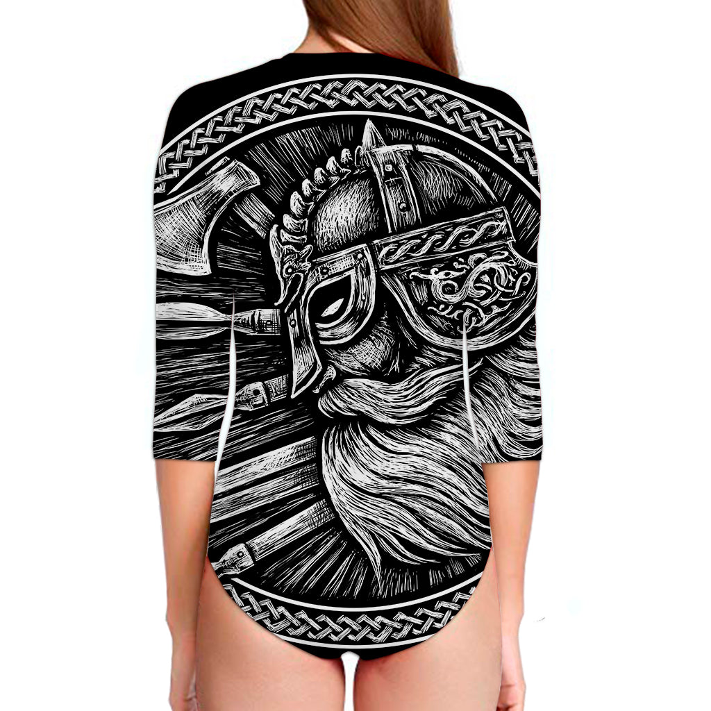 Black And White Viking God Odin Print Long Sleeve Swimsuit