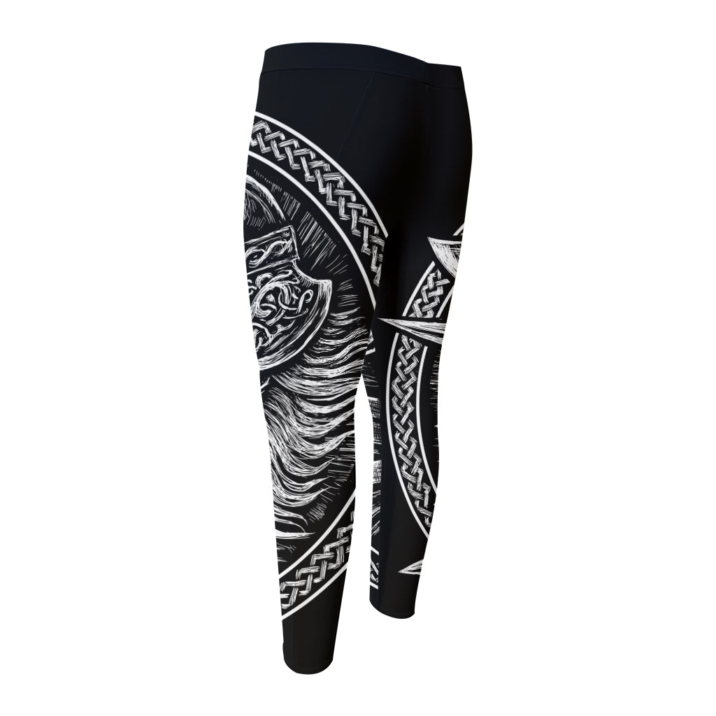 Black And White Viking God Odin Print Men's Compression Pants