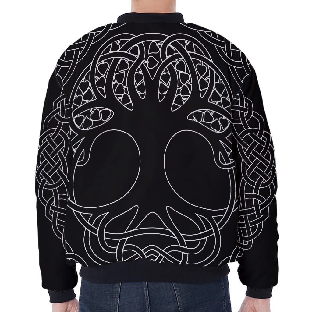Black And White Viking Yggdrasil Print Zip Sleeve Bomber Jacket