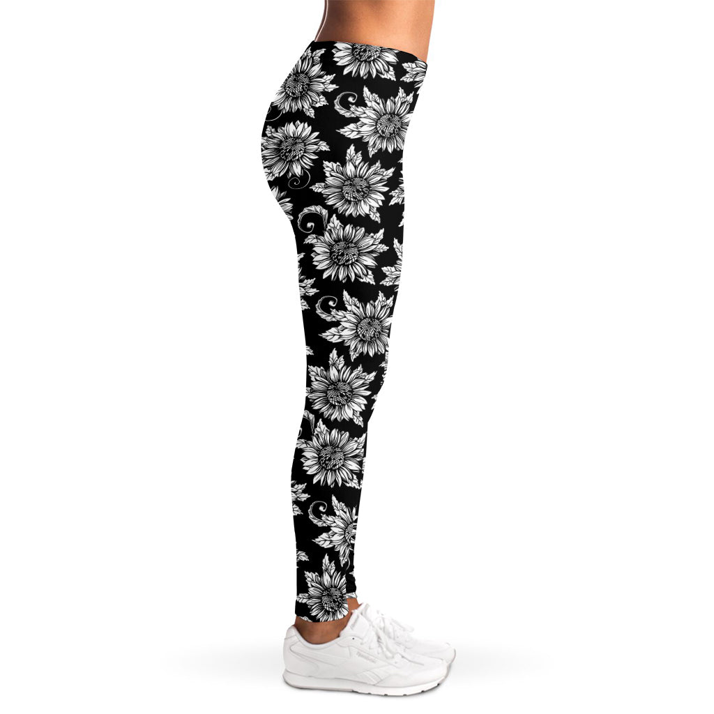 Black And White Vintage Sunflower Print Women's Leggings