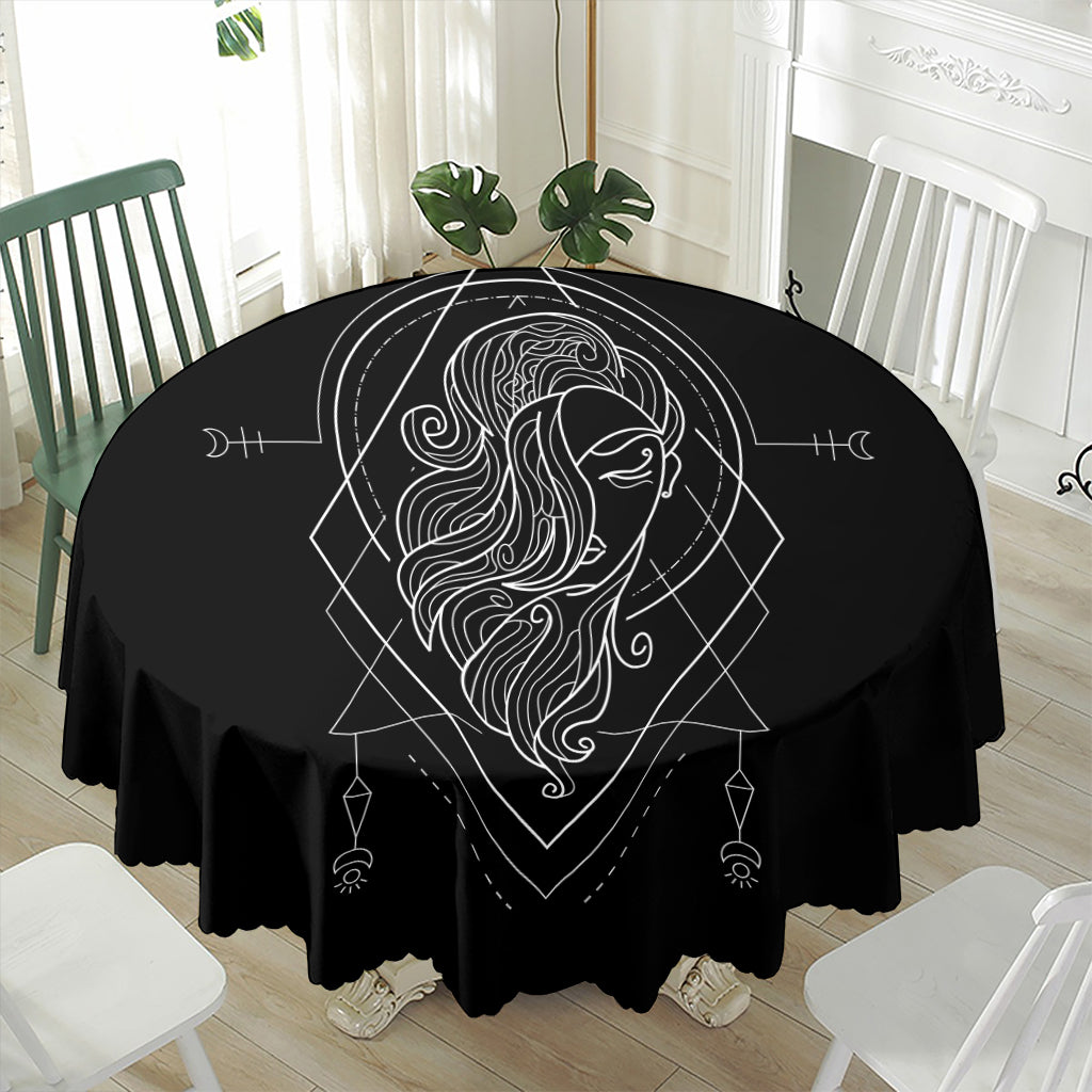 Black And White Virgo Sign Print Waterproof Round Tablecloth