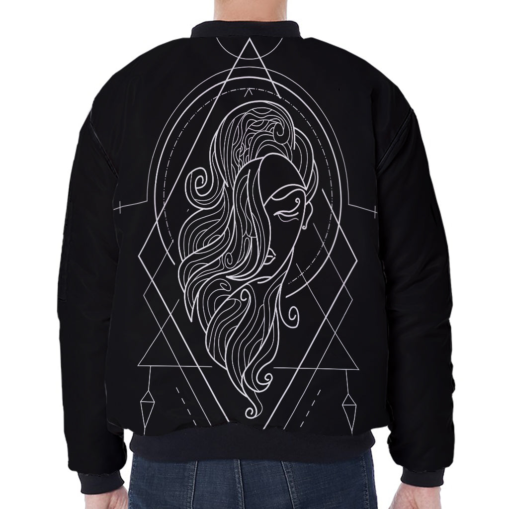 Black And White Virgo Sign Print Zip Sleeve Bomber Jacket