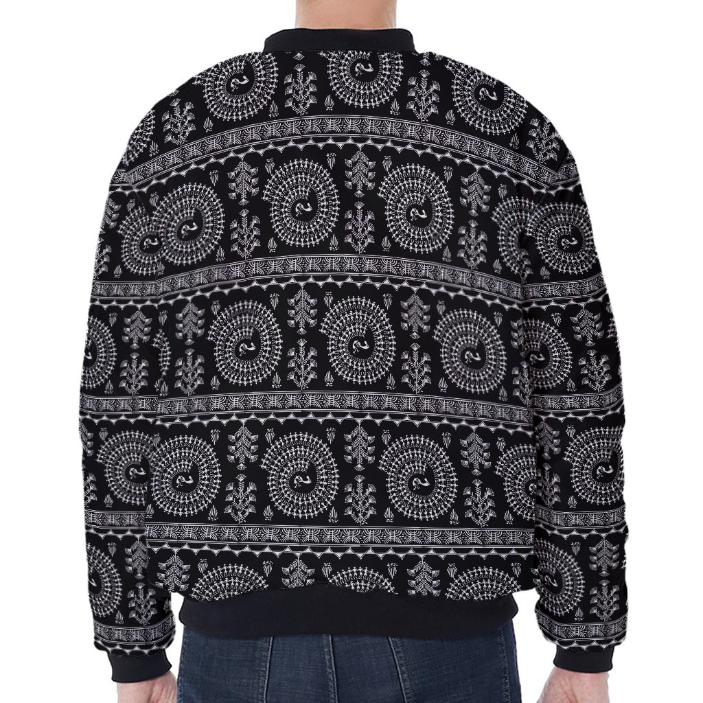 Black And White Warli Tribal Print Zip Sleeve Bomber Jacket